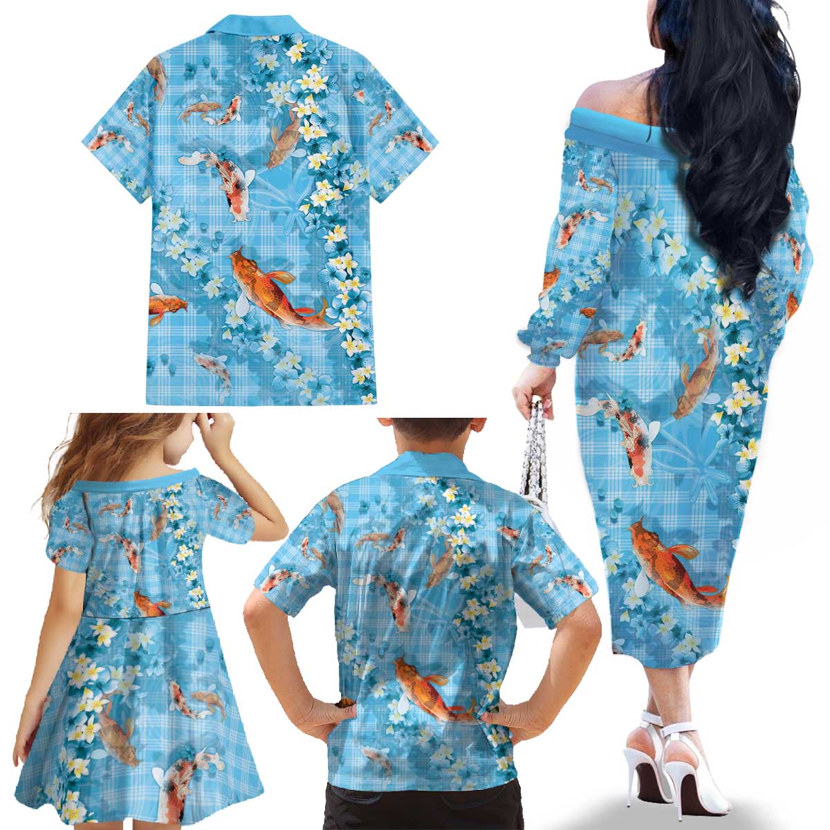 Blue Palaka Hawaiian And Japanese Family Matching Off The Shoulder Long Sleeve Dress and Hawaiian Shirt Sakura Lei With Koi Fish - Polynesian Pride
