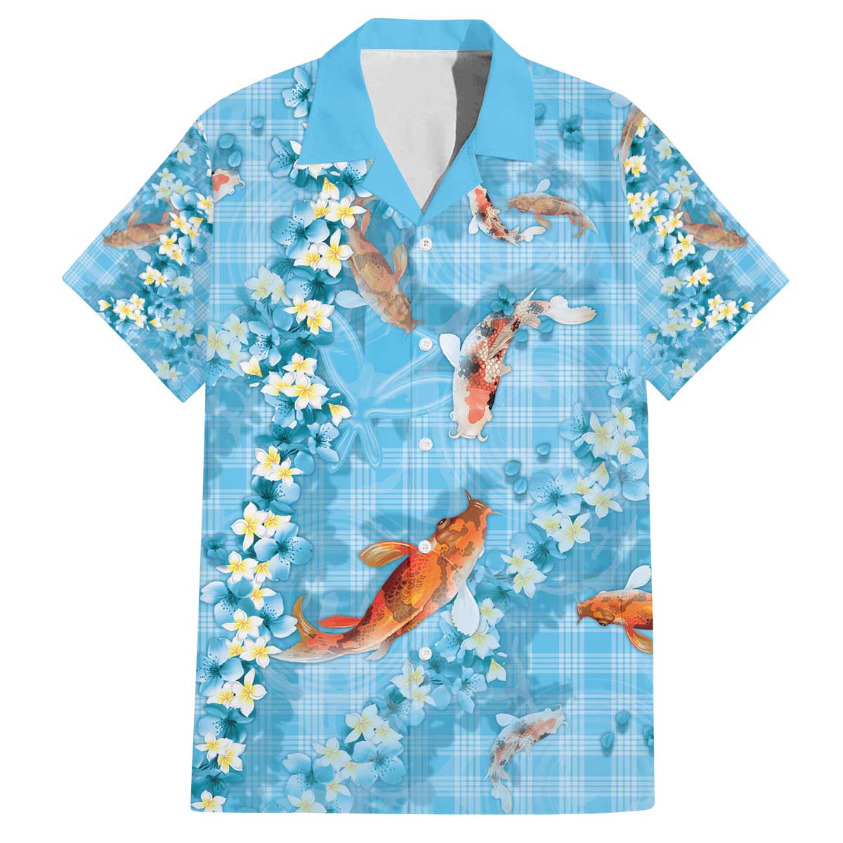 Blue Palaka Hawaiian And Japanese Family Matching Off The Shoulder Long Sleeve Dress and Hawaiian Shirt Sakura Lei With Koi Fish - Polynesian Pride