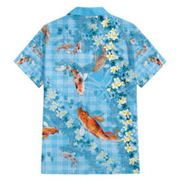 Blue Palaka Hawaiian And Japanese Family Matching Off The Shoulder Long Sleeve Dress and Hawaiian Shirt Sakura Lei With Koi Fish - Polynesian Pride