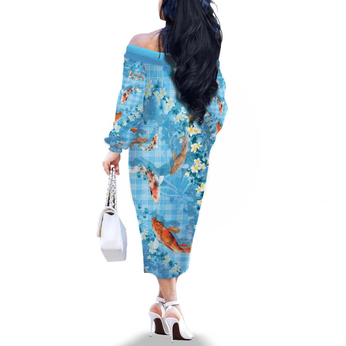 Blue Palaka Hawaiian And Japanese Family Matching Off The Shoulder Long Sleeve Dress and Hawaiian Shirt Sakura Lei With Koi Fish - Polynesian Pride