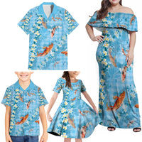 Blue Palaka Hawaiian And Japanese Family Matching Off Shoulder Maxi Dress and Hawaiian Shirt Sakura Lei With Koi Fish - Polynesian Pride