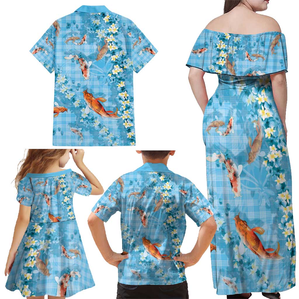 Blue Palaka Hawaiian And Japanese Family Matching Off Shoulder Maxi Dress and Hawaiian Shirt Sakura Lei With Koi Fish - Polynesian Pride