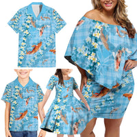 Blue Palaka Hawaiian And Japanese Family Matching Off Shoulder Short Dress and Hawaiian Shirt Sakura Lei With Koi Fish - Polynesian Pride