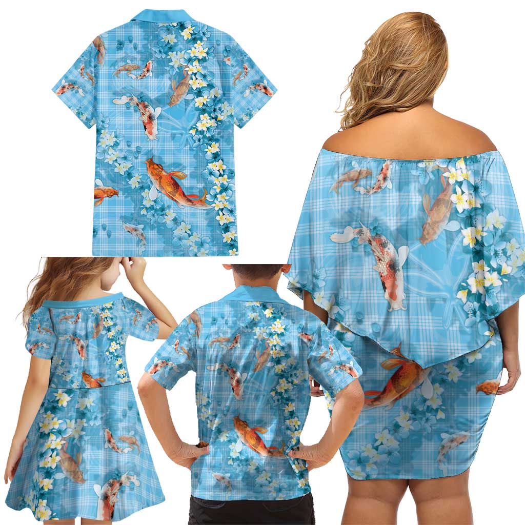 Blue Palaka Hawaiian And Japanese Family Matching Off Shoulder Short Dress and Hawaiian Shirt Sakura Lei With Koi Fish - Polynesian Pride
