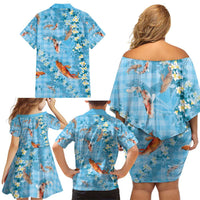 Blue Palaka Hawaiian And Japanese Family Matching Off Shoulder Short Dress and Hawaiian Shirt Sakura Lei With Koi Fish - Polynesian Pride