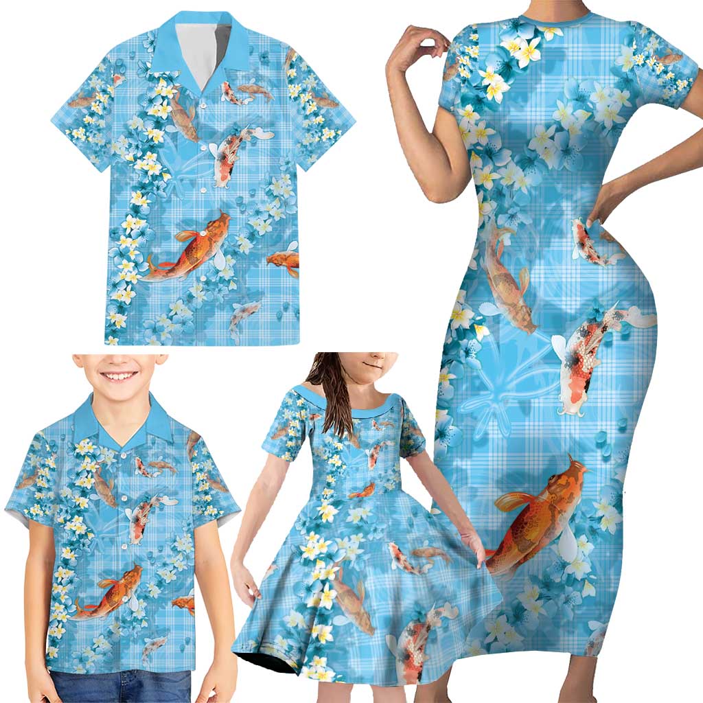Blue Palaka Hawaiian And Japanese Family Matching Short Sleeve Bodycon Dress and Hawaiian Shirt Sakura Lei With Koi Fish - Polynesian Pride