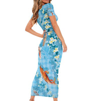 Blue Palaka Hawaiian And Japanese Family Matching Short Sleeve Bodycon Dress and Hawaiian Shirt Sakura Lei With Koi Fish - Polynesian Pride