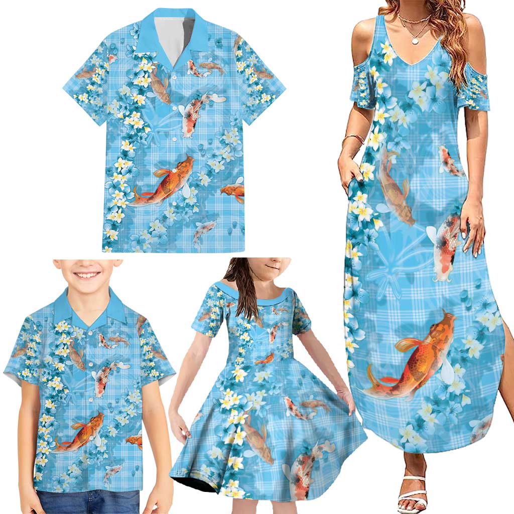 Blue Palaka Hawaiian And Japanese Family Matching Summer Maxi Dress and Hawaiian Shirt Sakura Lei With Koi Fish - Polynesian Pride