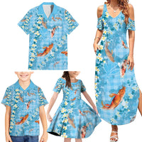 Blue Palaka Hawaiian And Japanese Family Matching Summer Maxi Dress and Hawaiian Shirt Sakura Lei With Koi Fish - Polynesian Pride