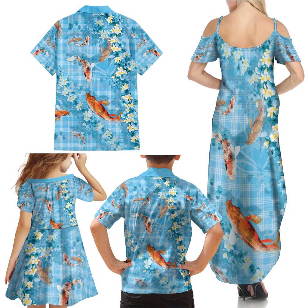 Blue Palaka Hawaiian And Japanese Family Matching Summer Maxi Dress and Hawaiian Shirt Sakura Lei With Koi Fish - Polynesian Pride