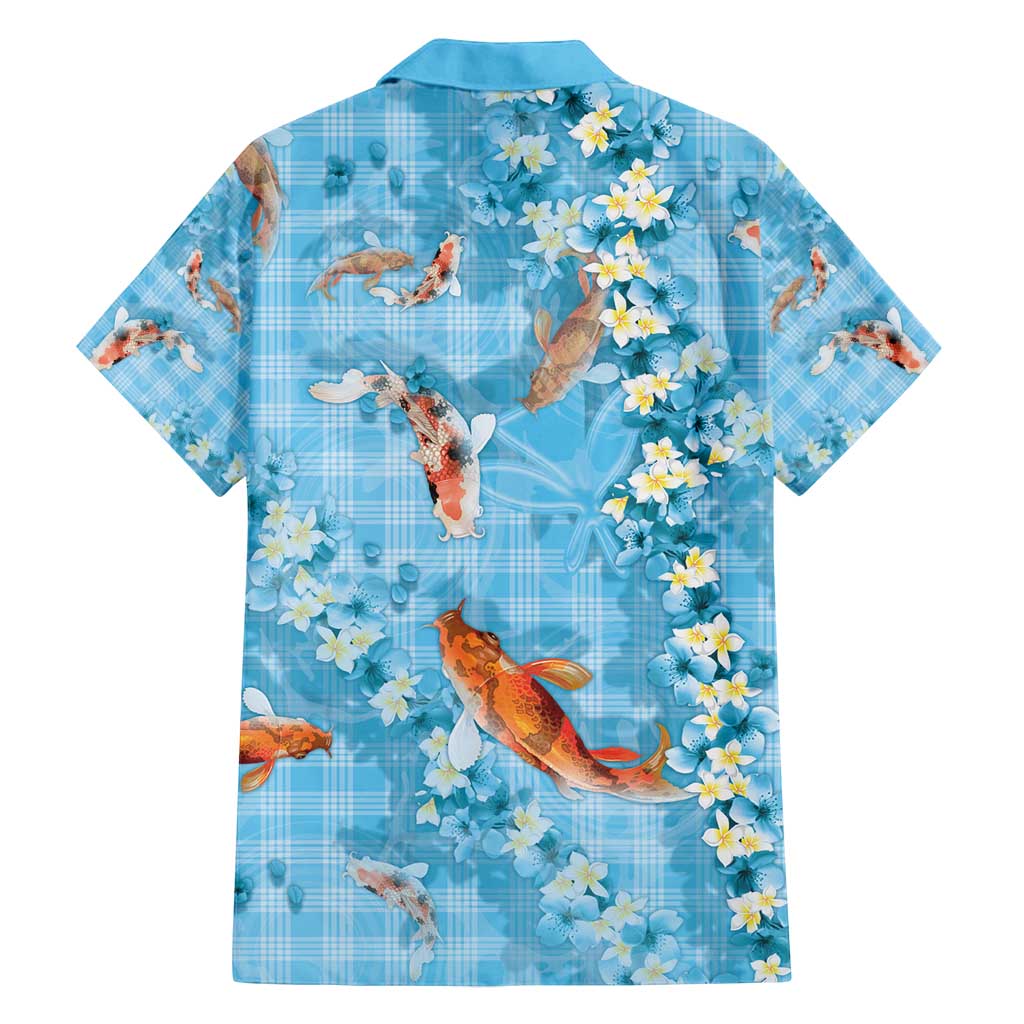 Blue Palaka Hawaiian And Japanese Family Matching Summer Maxi Dress and Hawaiian Shirt Sakura Lei With Koi Fish - Polynesian Pride