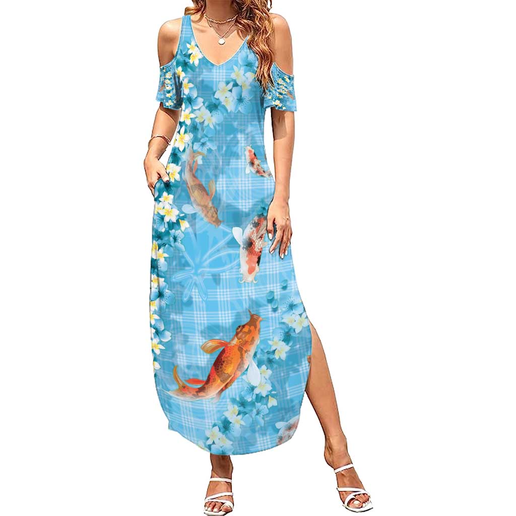 Blue Palaka Hawaiian And Japanese Family Matching Summer Maxi Dress and Hawaiian Shirt Sakura Lei With Koi Fish - Polynesian Pride