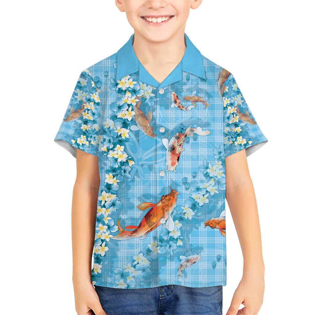 Blue Palaka Hawaiian And Japanese Family Matching Tank Maxi Dress and Hawaiian Shirt Sakura Lei With Koi Fish - Polynesian Pride