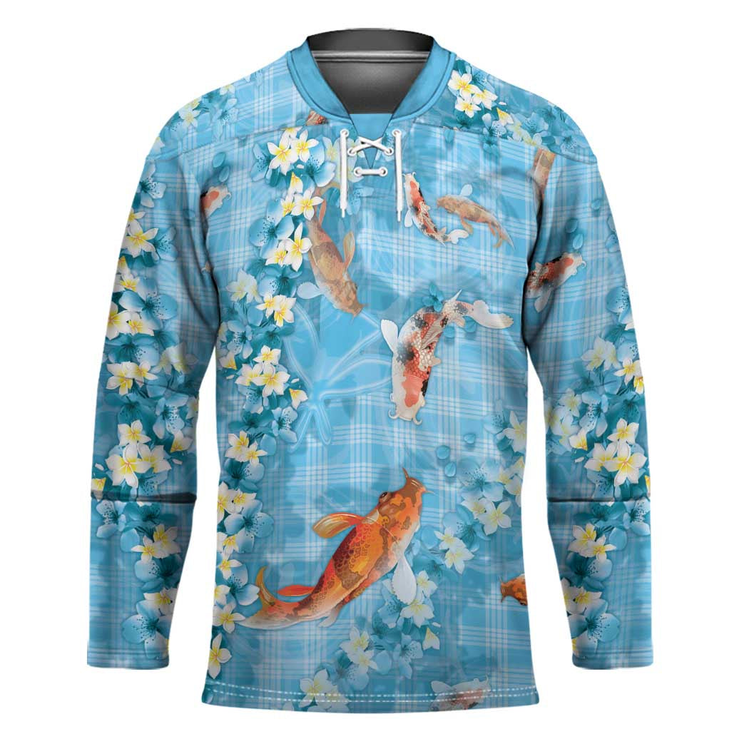 Blue Palaka Hawaiian And Japanese Hockey Jersey Sakura Lei With Koi Fish - Polynesian Pride