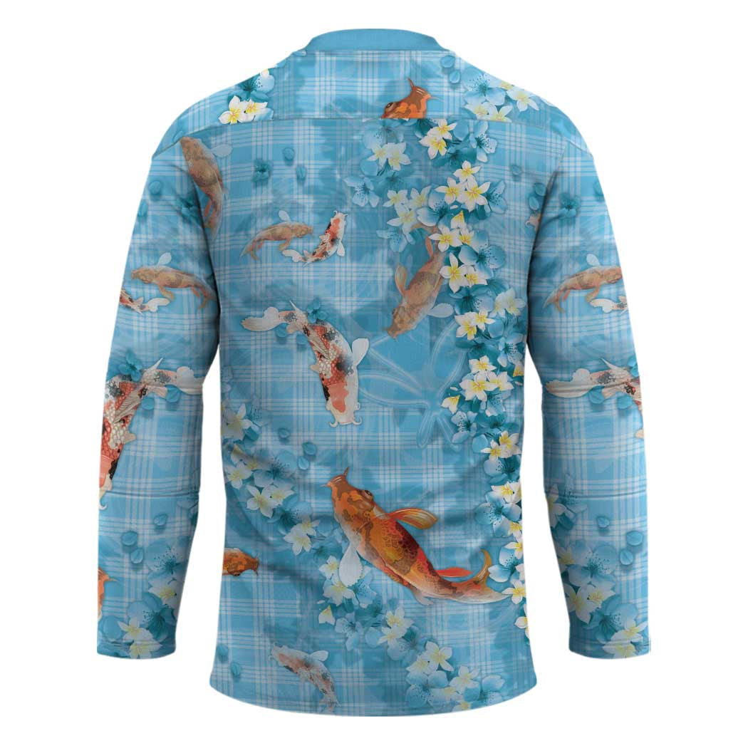 Blue Palaka Hawaiian And Japanese Hockey Jersey Sakura Lei With Koi Fish - Polynesian Pride