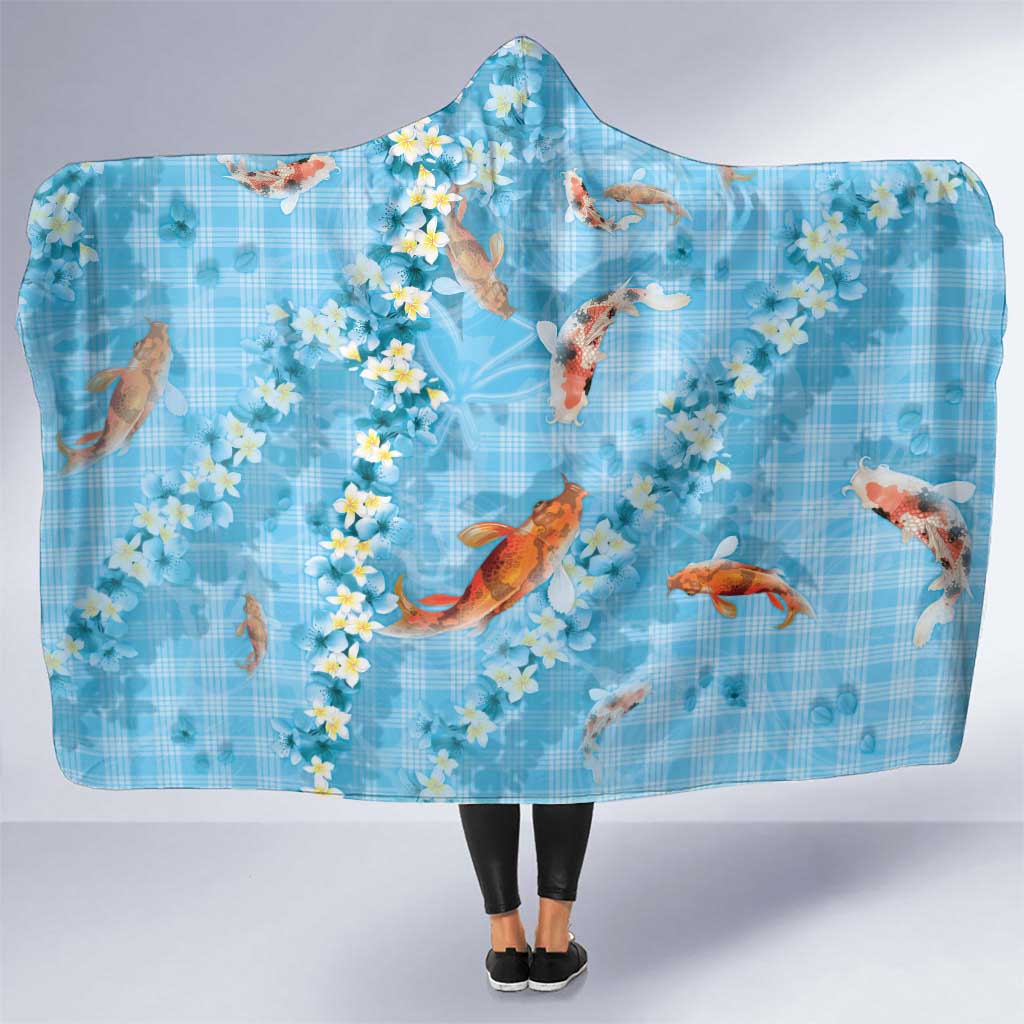 Blue Palaka Hawaiian And Japanese Hooded Blanket Sakura Lei With Koi Fish - Polynesian Pride
