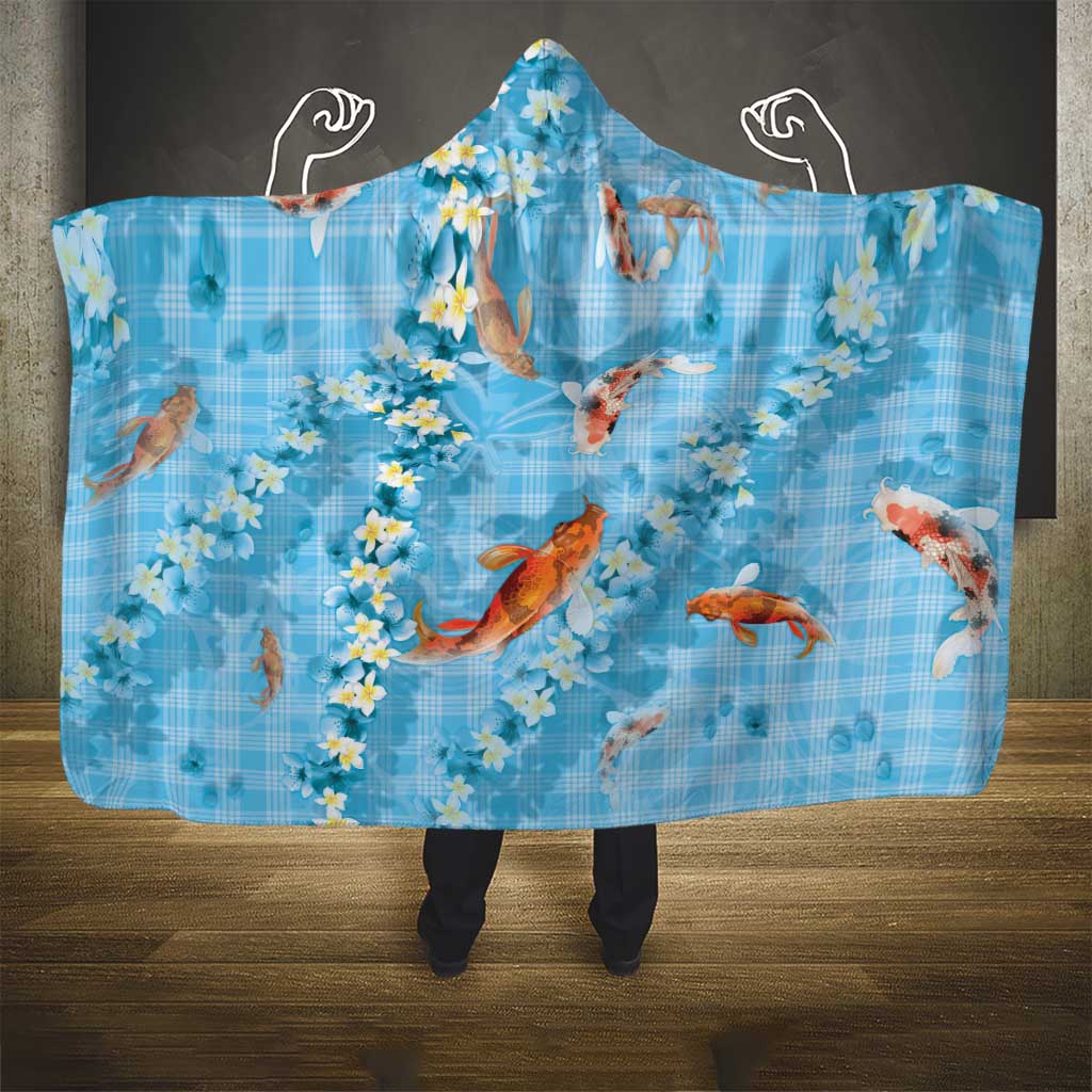 Blue Palaka Hawaiian And Japanese Hooded Blanket Sakura Lei With Koi Fish - Polynesian Pride
