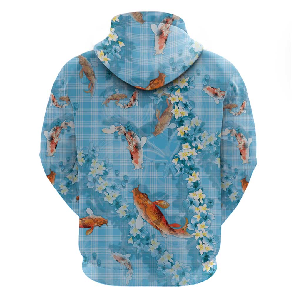 Blue Palaka Hawaiian And Japanese Hoodie Sakura Lei With Koi Fish - Polynesian Pride