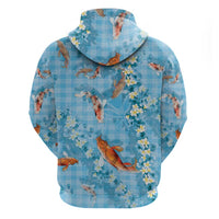 Blue Palaka Hawaiian And Japanese Hoodie Sakura Lei With Koi Fish - Polynesian Pride