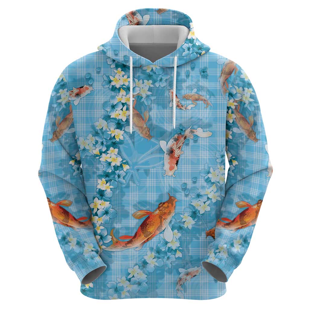 Blue Palaka Hawaiian And Japanese Hoodie Sakura Lei With Koi Fish - Polynesian Pride