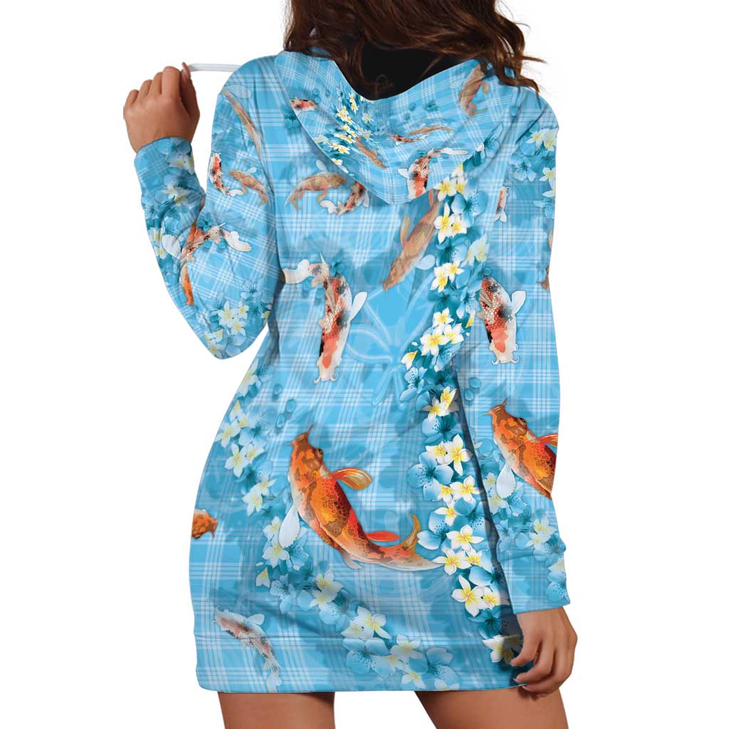 Blue Palaka Hawaiian And Japanese Hoodie Dress Sakura Lei With Koi Fish - Polynesian Pride
