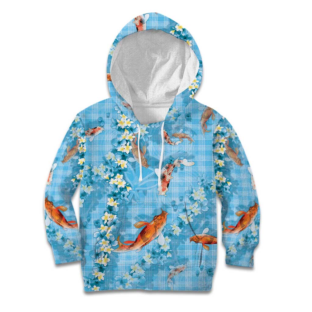 Blue Palaka Hawaiian And Japanese Kid Hoodie Sakura Lei With Koi Fish - Polynesian Pride