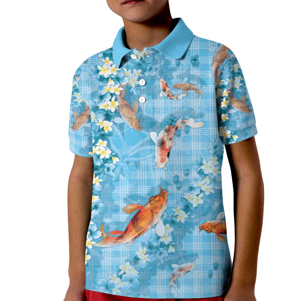 Blue Palaka Hawaiian And Japanese Kid Polo Shirt Sakura Lei With Koi Fish - Polynesian Pride