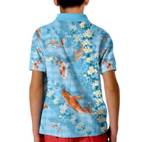 Blue Palaka Hawaiian And Japanese Kid Polo Shirt Sakura Lei With Koi Fish - Polynesian Pride