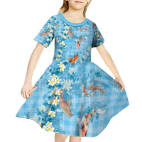 Blue Palaka Hawaiian And Japanese Kid Short Sleeve Dress Sakura Lei With Koi Fish - Polynesian Pride