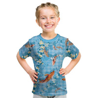 Blue Palaka Hawaiian And Japanese Kid T Shirt Sakura Lei With Koi Fish DT05 Blue - Polynesian Pride
