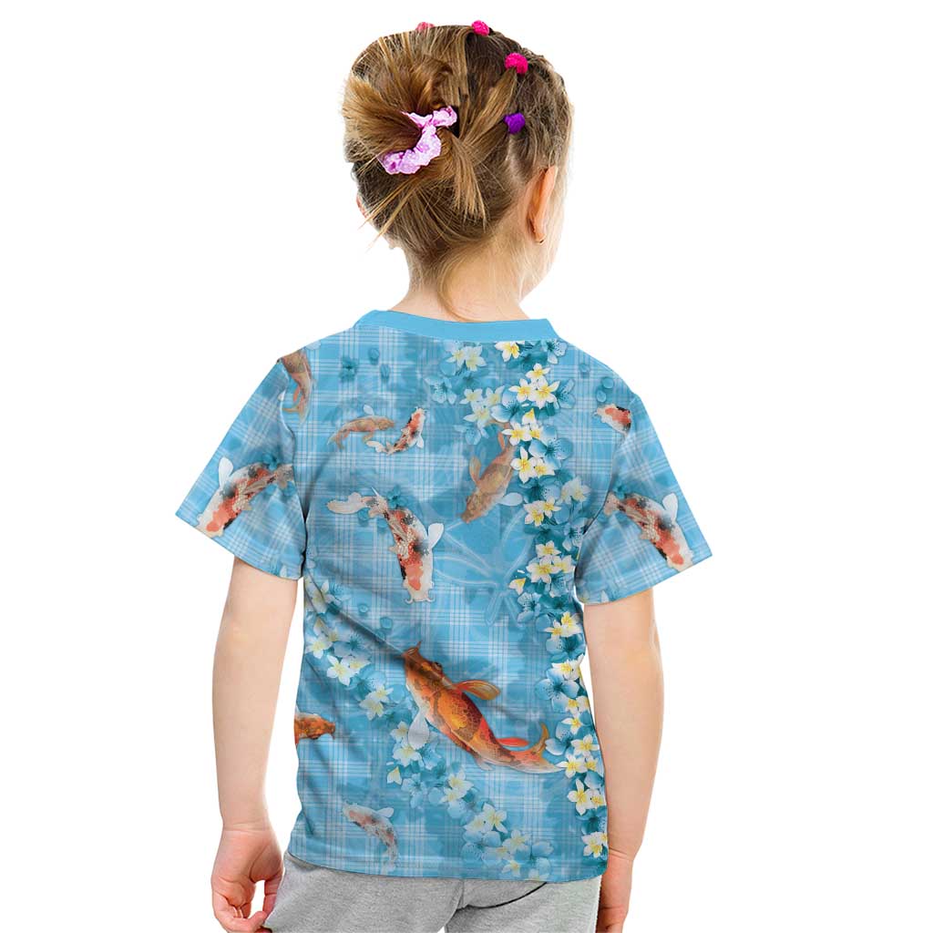 Blue Palaka Hawaiian And Japanese Kid T Shirt Sakura Lei With Koi Fish DT05 - Polynesian Pride