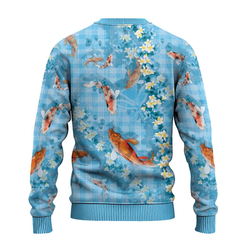 Blue Palaka Hawaiian And Japanese Ugly Christmas Sweater Sakura Lei With Koi Fish - Polynesian Pride