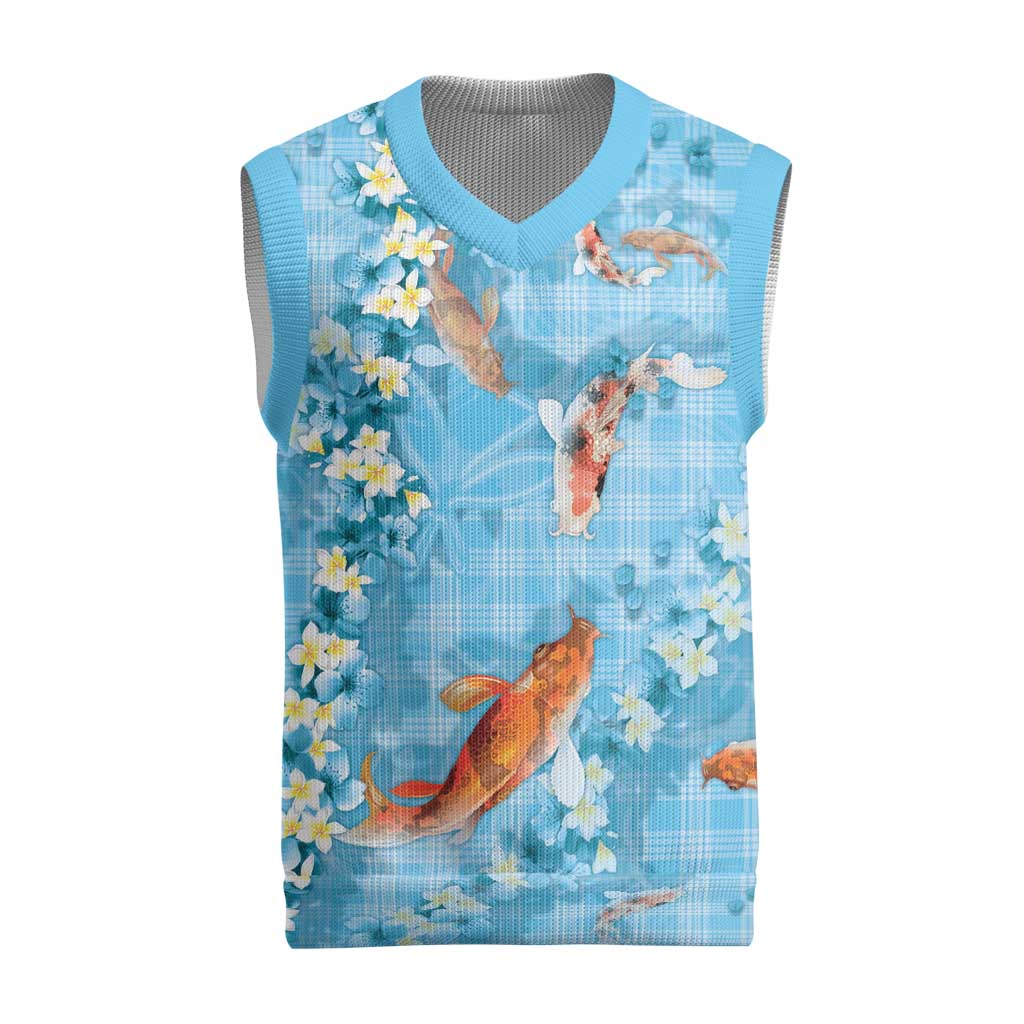 Blue Palaka Hawaiian And Japanese Christmas Knitted V-Neck Vest Sakura Lei With Koi Fish - Polynesian Pride