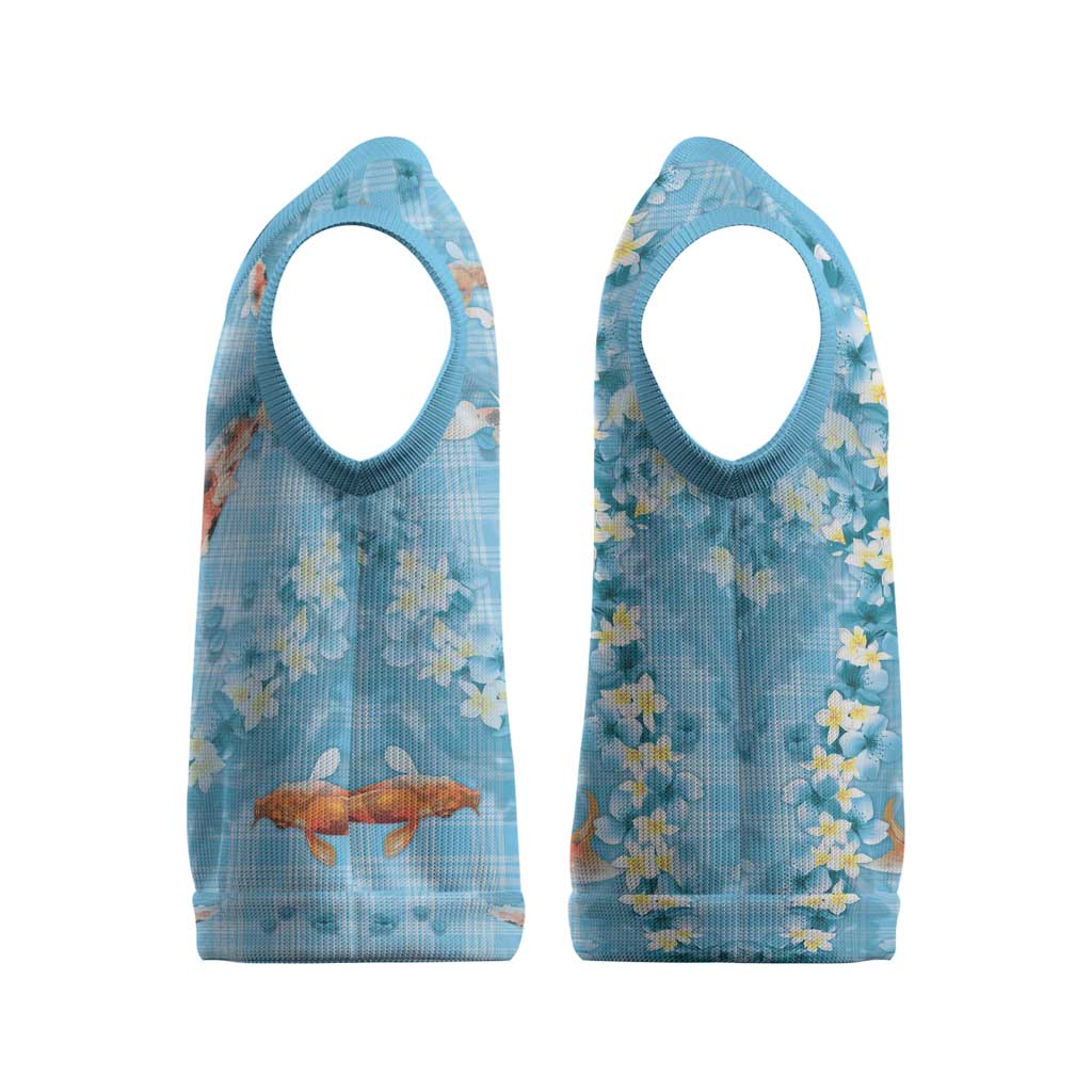 Blue Palaka Hawaiian And Japanese Christmas Knitted V-Neck Vest Sakura Lei With Koi Fish - Polynesian Pride