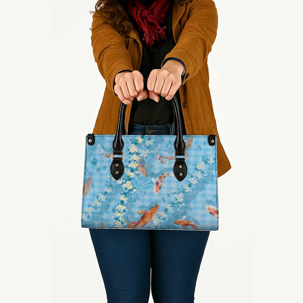 Blue Palaka Hawaiian And Japanese Leather Bag Sakura Lei With Koi Fish - Polynesian Pride