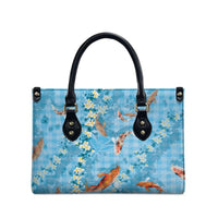 Blue Palaka Hawaiian And Japanese Leather Bag Sakura Lei With Koi Fish - Polynesian Pride