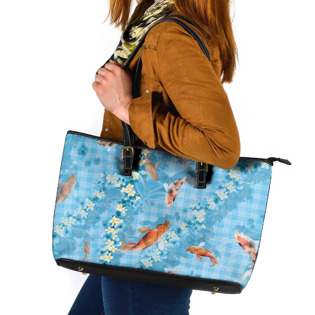Blue Palaka Hawaiian And Japanese Leather Tote Bag Sakura Lei With Koi Fish - Polynesian Pride