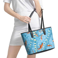 Blue Palaka Hawaiian And Japanese Leather Tote Bag Sakura Lei With Koi Fish - Polynesian Pride