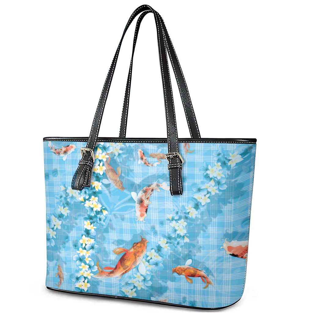 Blue Palaka Hawaiian And Japanese Leather Tote Bag Sakura Lei With Koi Fish - Polynesian Pride