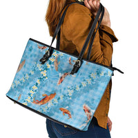 Blue Palaka Hawaiian And Japanese Leather Tote Bag Sakura Lei With Koi Fish - Polynesian Pride