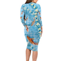Blue Palaka Hawaiian And Japanese Long Sleeve Bodycon Dress Sakura Lei With Koi Fish - Polynesian Pride