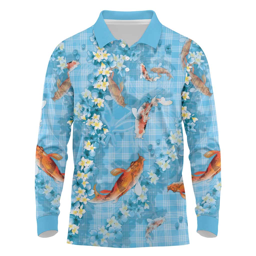 Blue Palaka Hawaiian And Japanese Long Sleeve Polo Shirt Sakura Lei With Koi Fish - Polynesian Pride