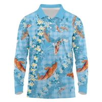 Blue Palaka Hawaiian And Japanese Long Sleeve Polo Shirt Sakura Lei With Koi Fish - Polynesian Pride