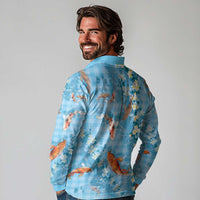 Blue Palaka Hawaiian And Japanese Long Sleeve Polo Shirt Sakura Lei With Koi Fish - Polynesian Pride