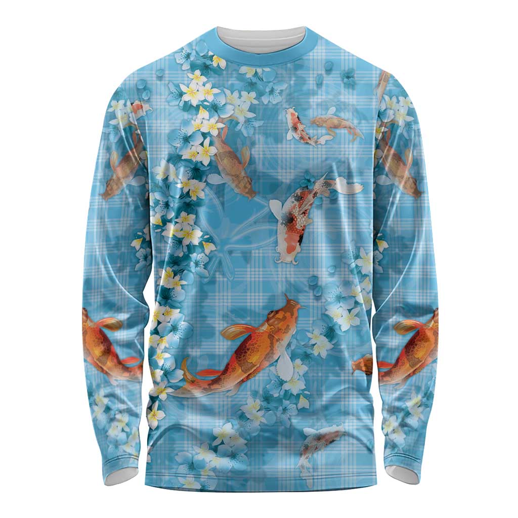 Blue Palaka Hawaiian And Japanese Long Sleeve Shirt Sakura Lei With Koi Fish DT05 Unisex Blue - Polynesian Pride