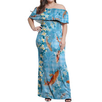 Blue Palaka Hawaiian And Japanese Off Shoulder Maxi Dress Sakura Lei With Koi Fish - Polynesian Pride