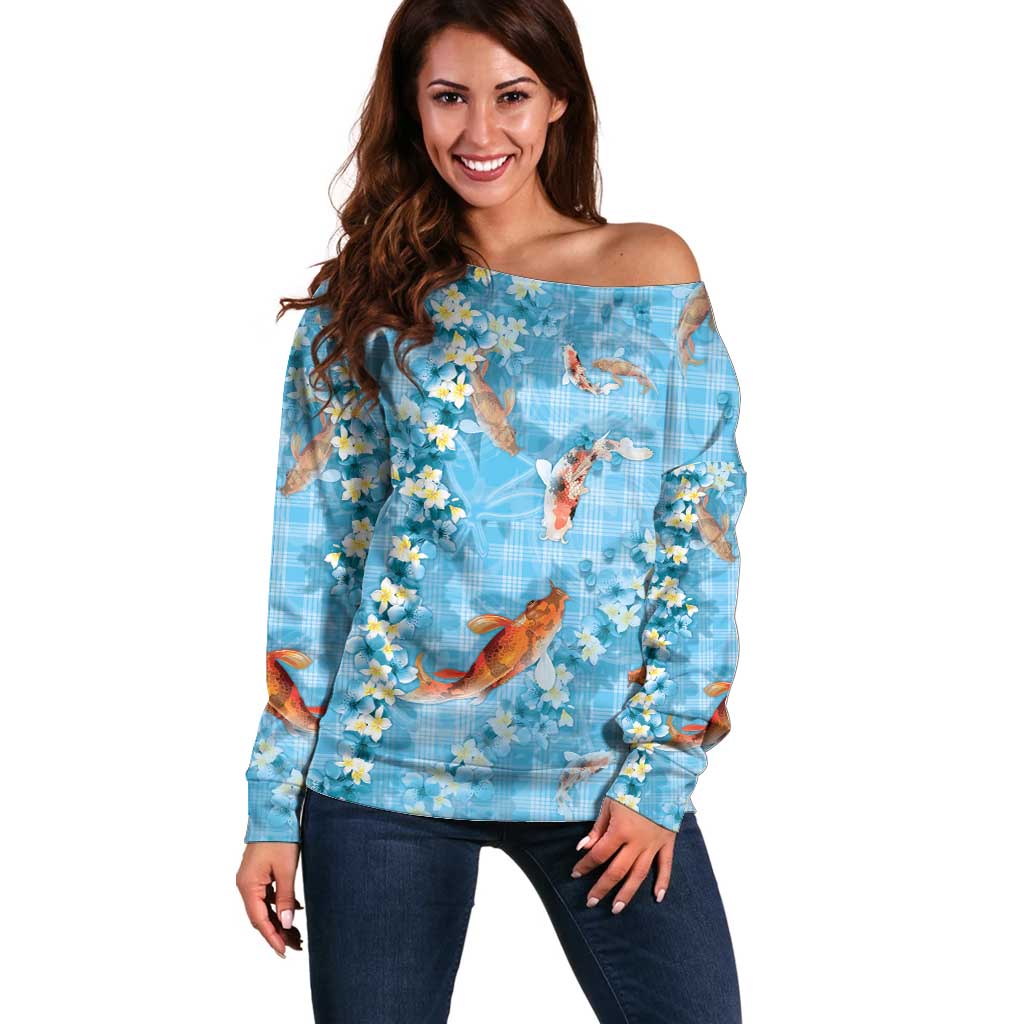 Blue Palaka Hawaiian And Japanese Off Shoulder Sweater Sakura Lei With Koi Fish - Polynesian Pride