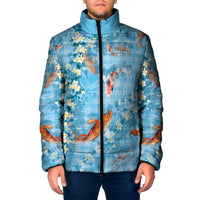 Blue Palaka Hawaiian And Japanese Padded Jacket Sakura Lei With Koi Fish - Polynesian Pride