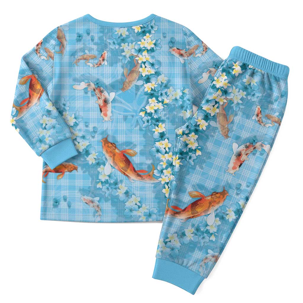 Blue Palaka Hawaiian And Japanese Christmas Pajama Set Sakura Lei With Koi Fish - Polynesian Pride