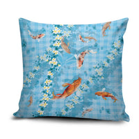 Blue Palaka Hawaiian And Japanese Pillow Cover Sakura Lei With Koi Fish - Polynesian Pride